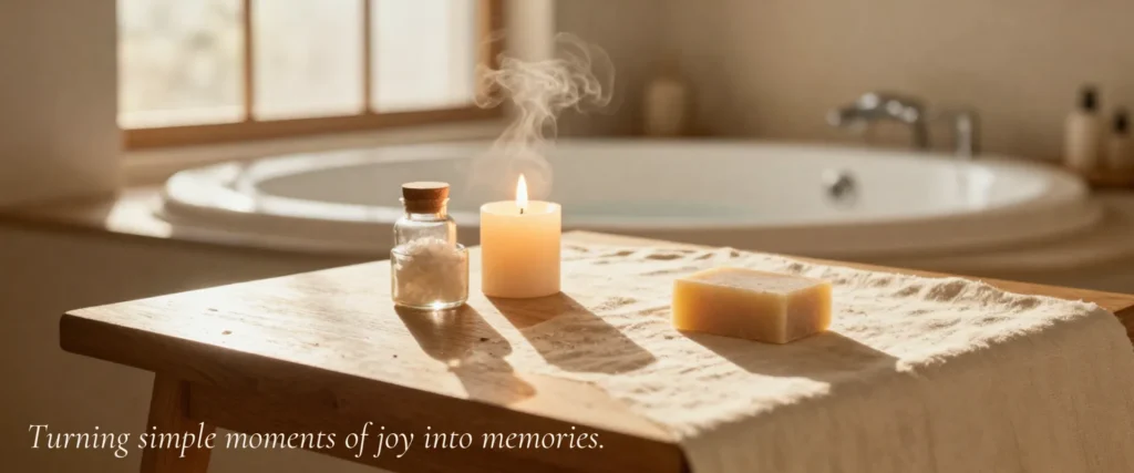 Handcrafted soy candle, bath salts, and artisan soap bar from Hidden Treasures — small batch bath and body products made in North Carolina