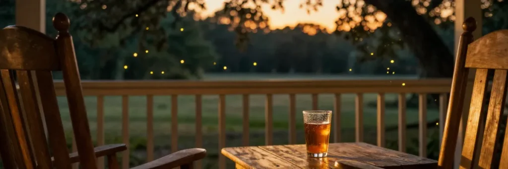 Porch swing at golden hour with iced tea — Sweet Tea & Fireflies summer collection from Hidden Treasures