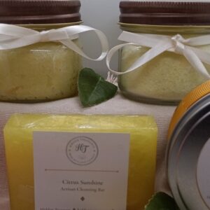 Sunburst Citrus Sunshine Gift Set — candle, soap, bath salts and sugar scrub by Hidden Treasures