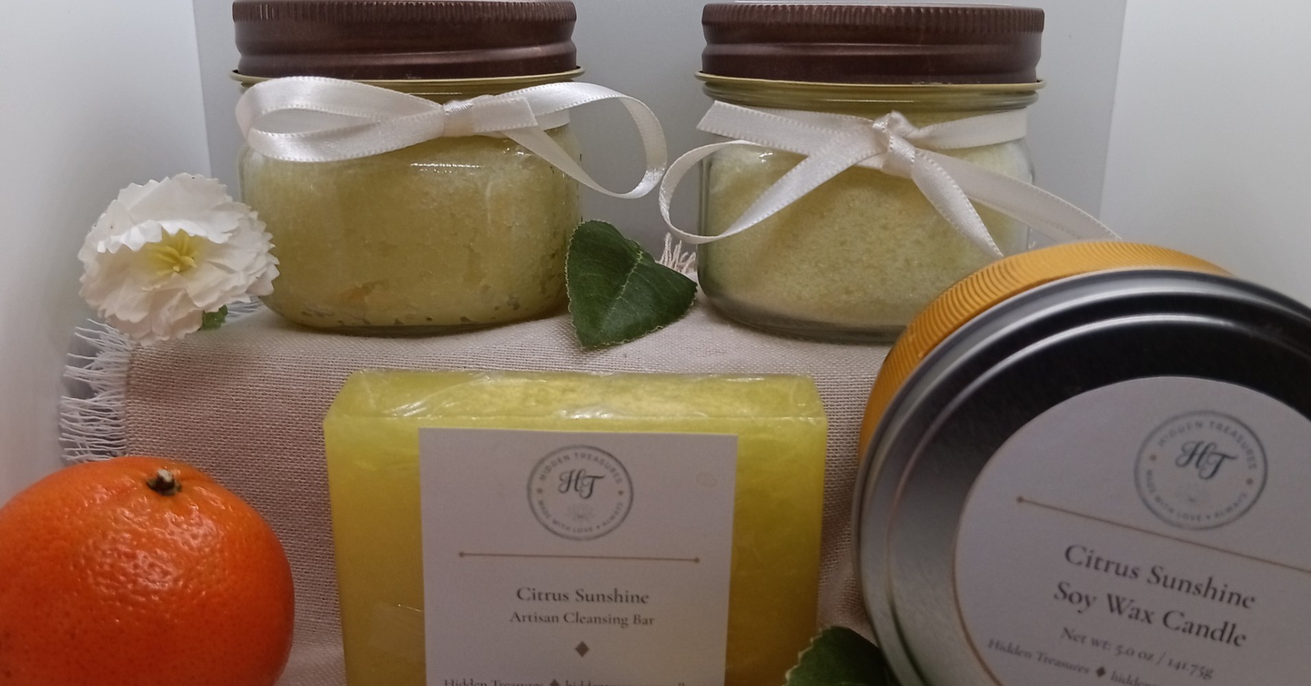 Sunburst Citrus Sunshine Gift Set — candle, soap, bath salts and sugar scrub by Hidden Treasures