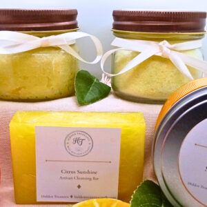 Sunburst Citrus Sunshine Gift Set — candle, soap, bath salts and sugar scrub by Hidden Treasures